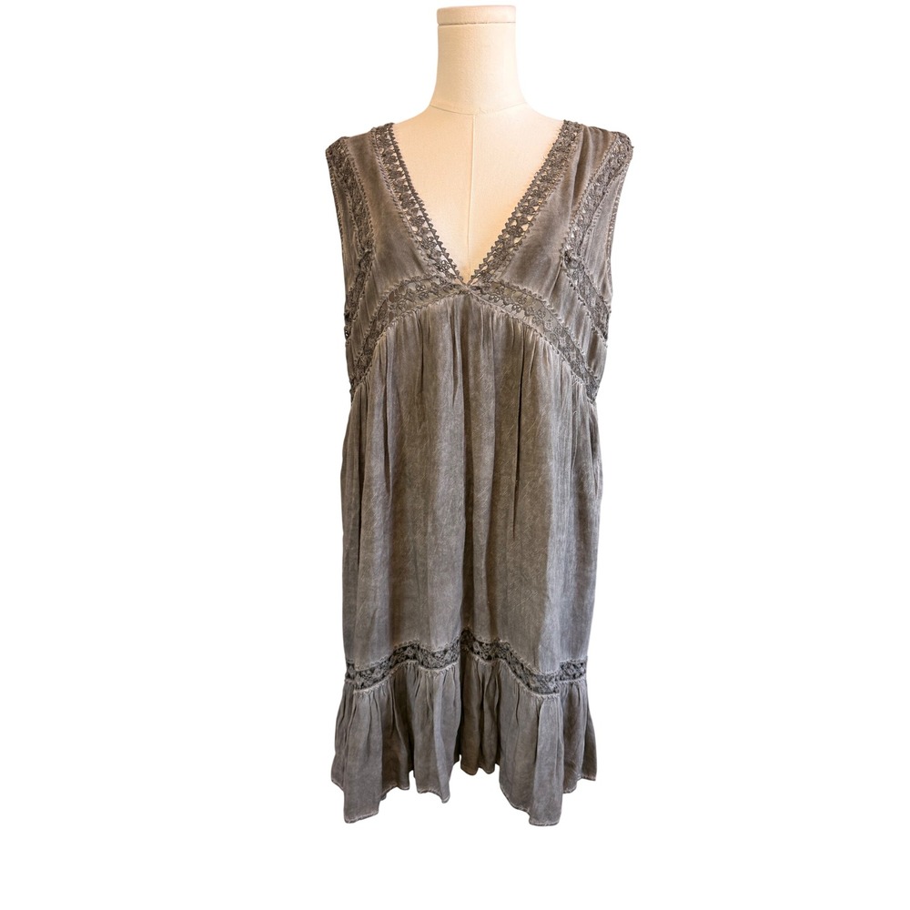 Entro Gray Crochet Lace Trim Babydoll Dress Sleeveless Boho Mini Size L